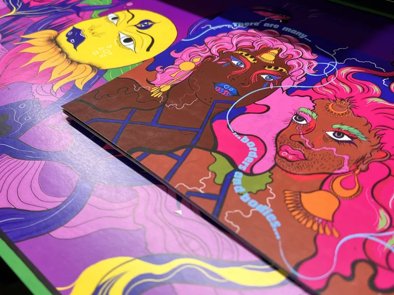 Colourful illustration printed on 350gsm silk card