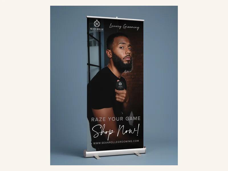 Roller banner stand with printed graphic
