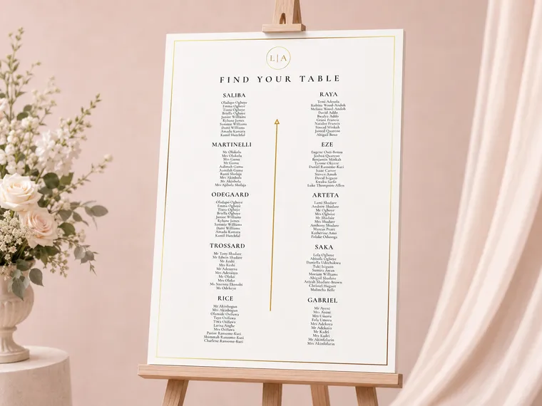 Wedding seating plan on an easel